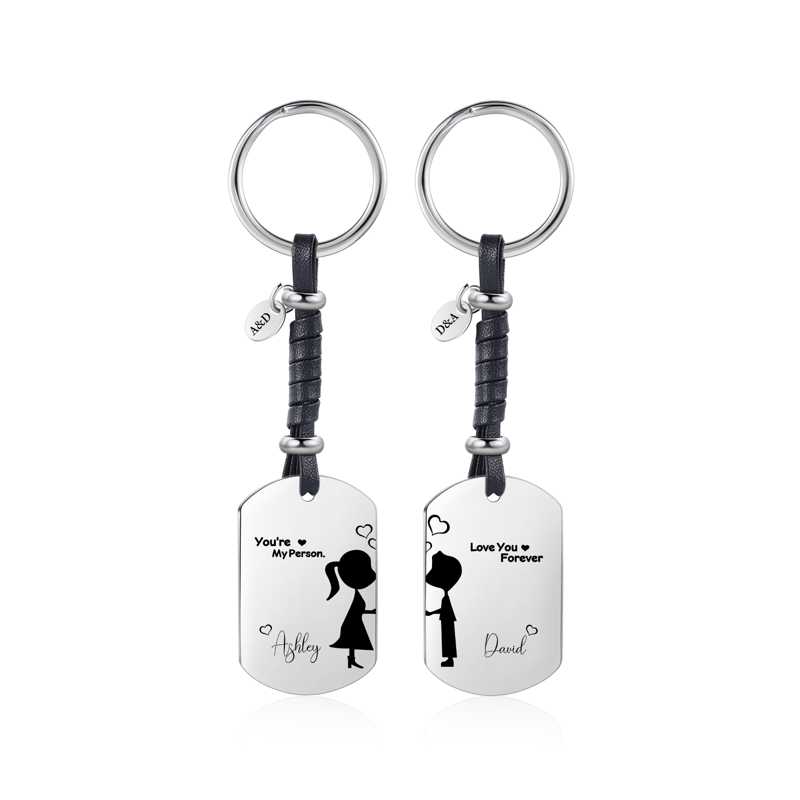 Personalisierbare 2 Namen & Buchstaben & Texte Paar Metall-Schlüsselanhänger mit Leder Kette