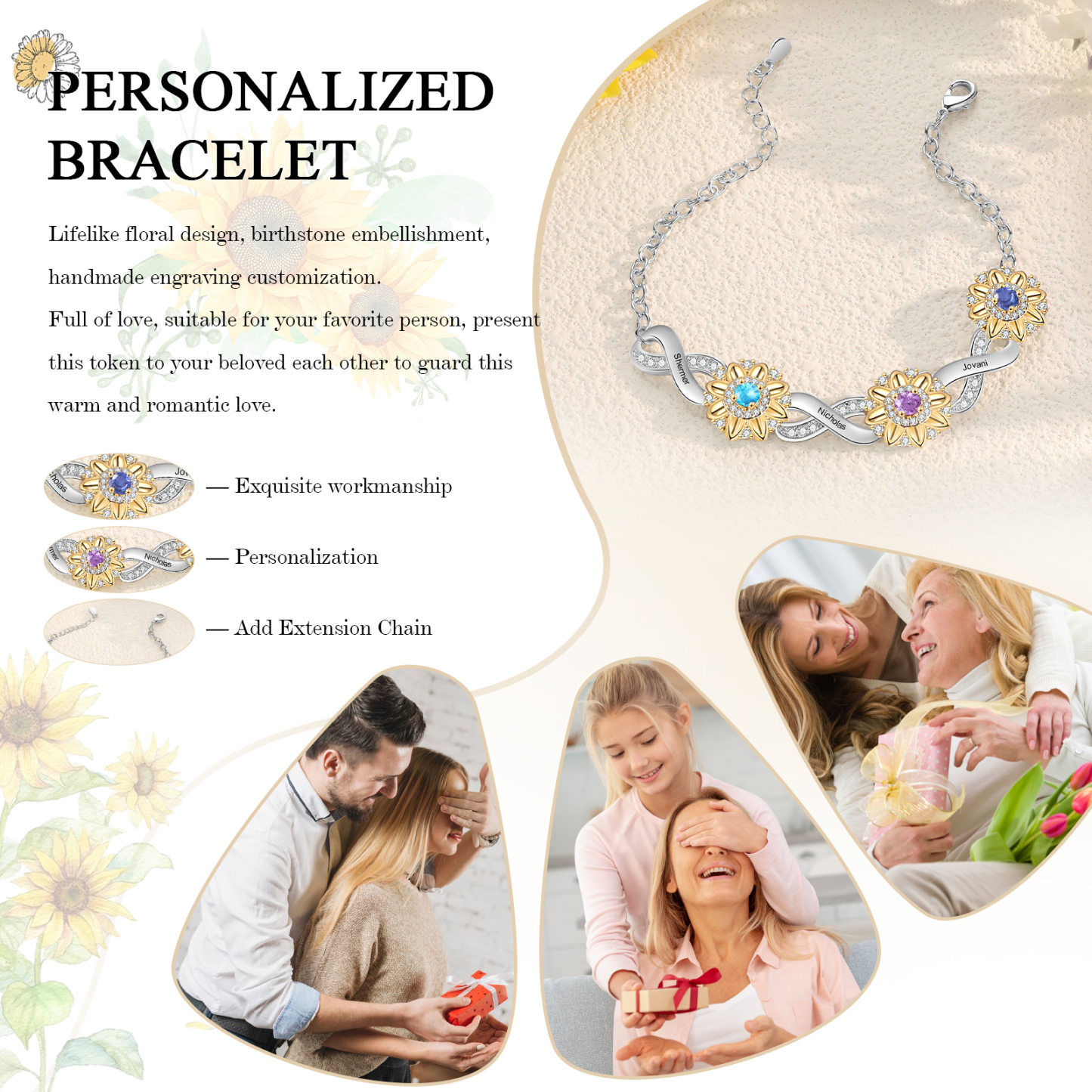 Personalisierte 3 Namen & 3 Geburtssteine Sonnenblume Infinity Armband mit Zirkonia