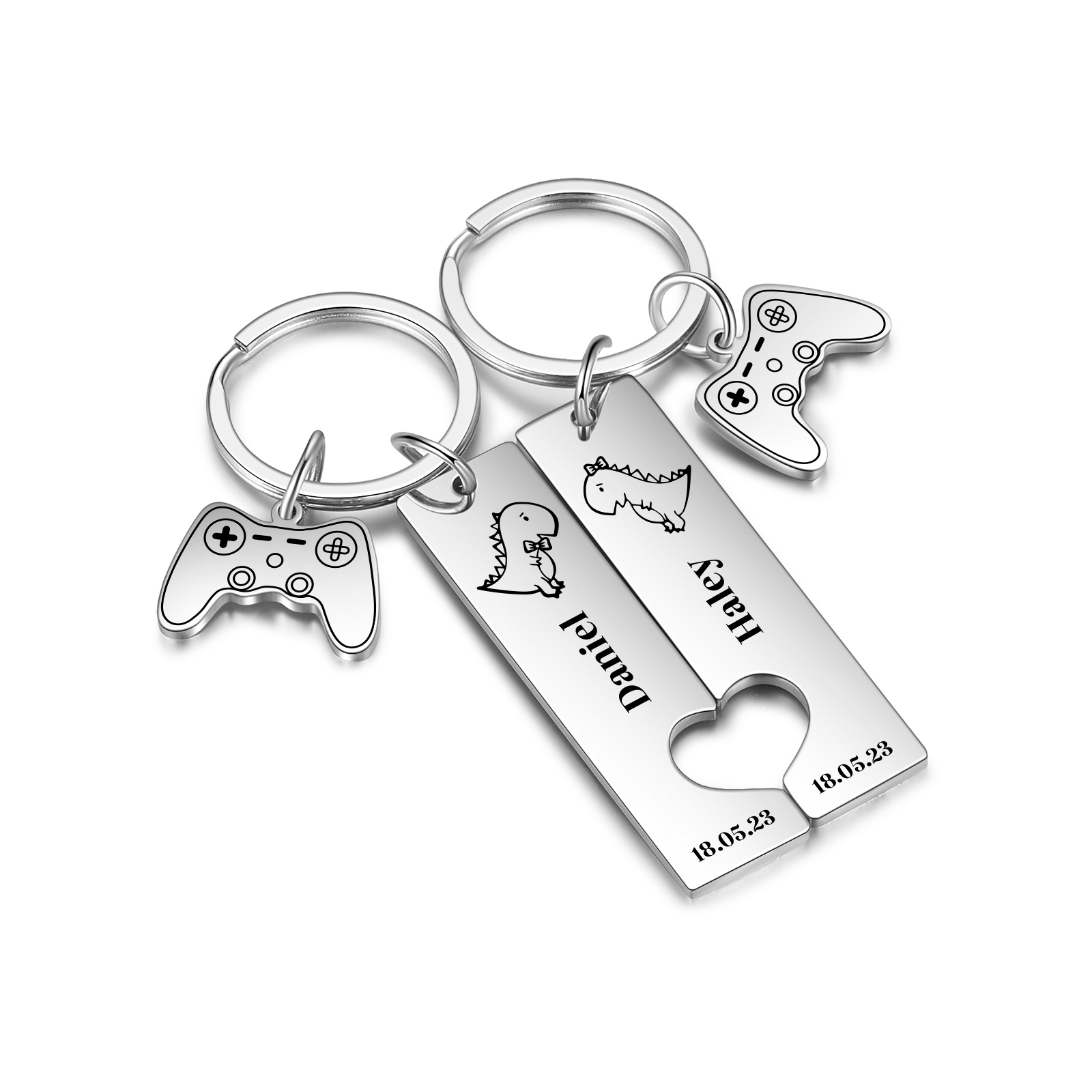 Personalisierbare 2 Namen & Datum Ausschnitt in Herzform Paar Metall-Schlüsselanhänger mit PlayStation Anhänger