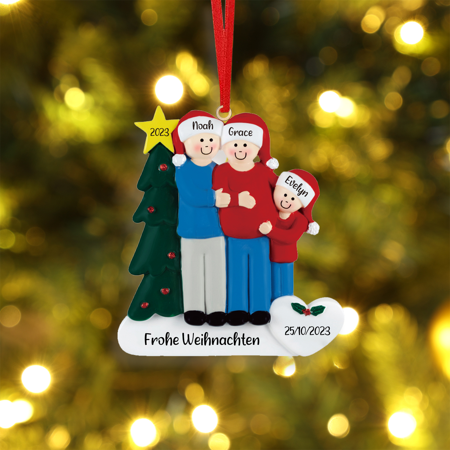 Holz Personalisierte 3 Namen & Text & Jahr & Datum Weihnachtsbaum Weihnachtsornament mit 3 Familienmitgliedern