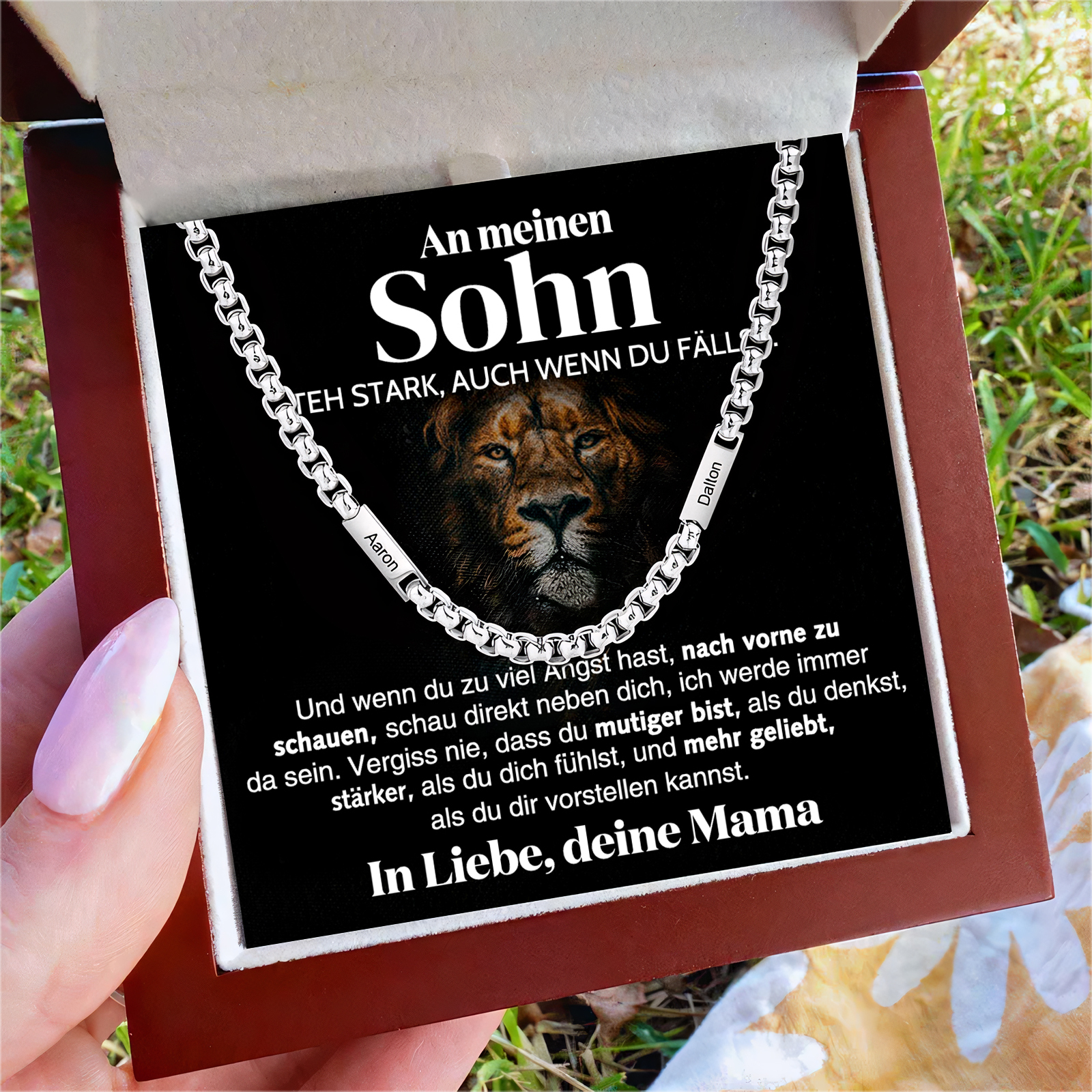 Herren Personalisierte 2 Namen Silberfarbene Edelstahl Halskette-An meinen Sohn steh stark-Geschenk mit Nachrichtenkarte