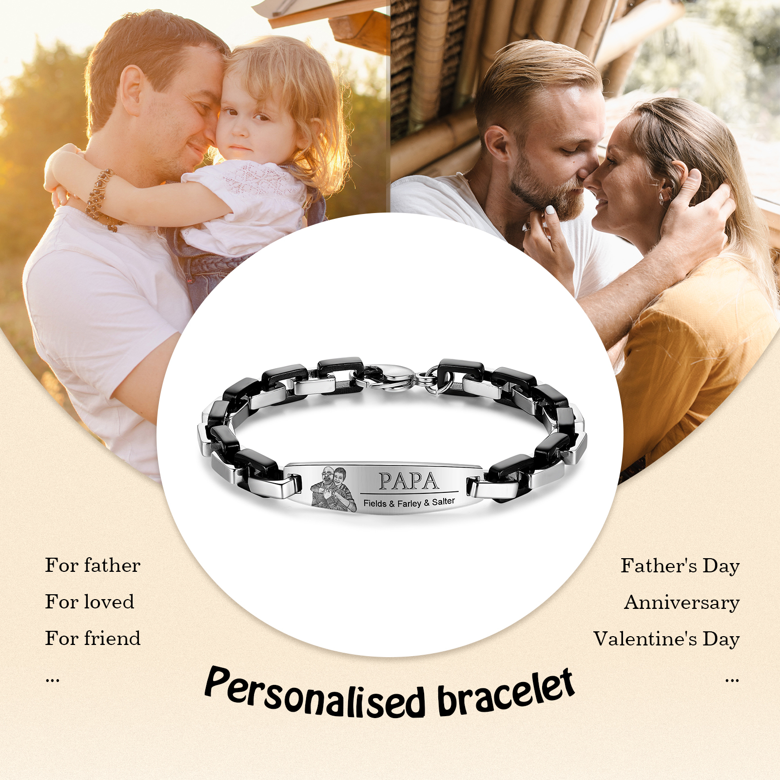 Herren Armband-Personalisiertes 3 Namen & Text & Foto Edelstahl Armband 