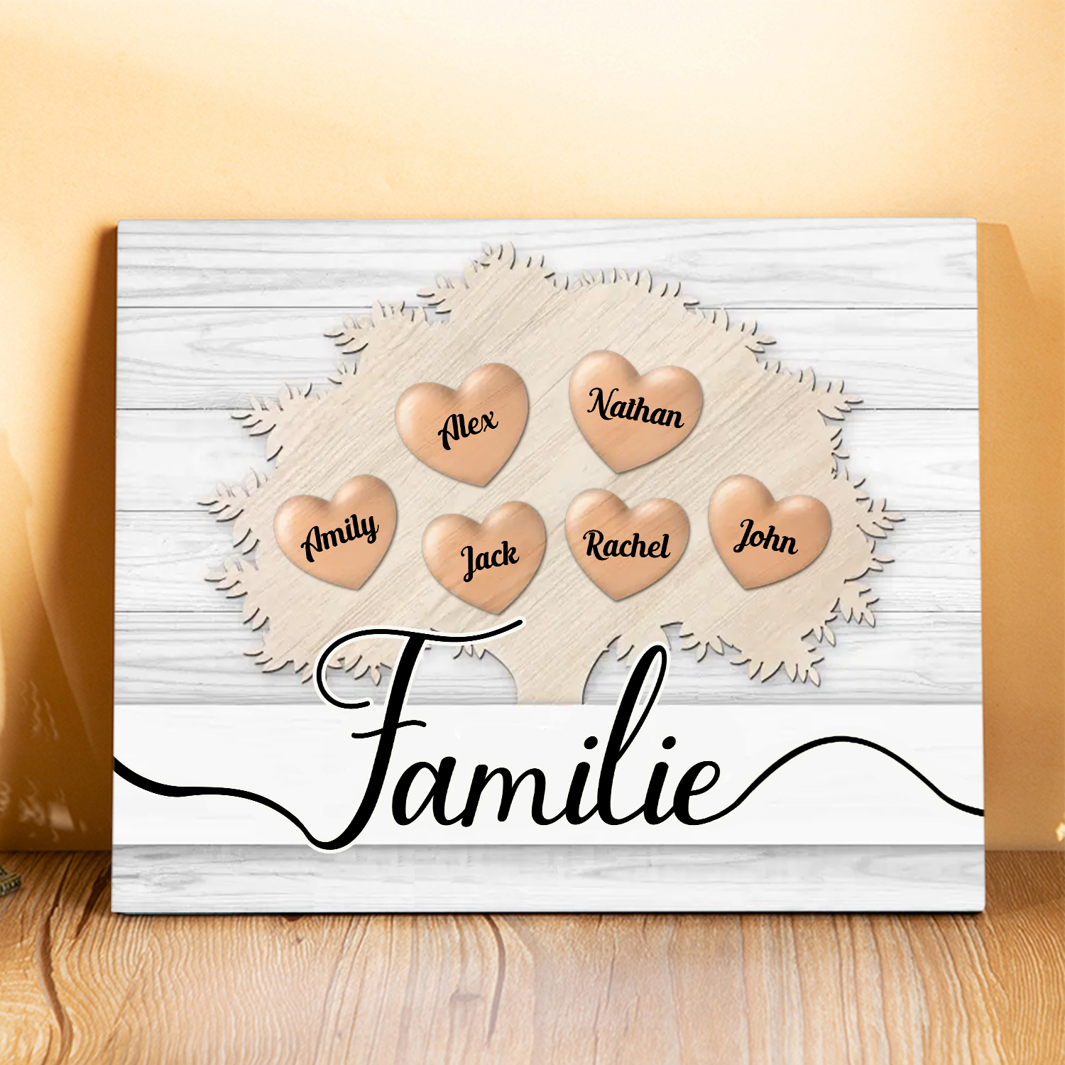 Familie Holzbild - Personalisierter 6 Namen Familienbaum Holzdekoration