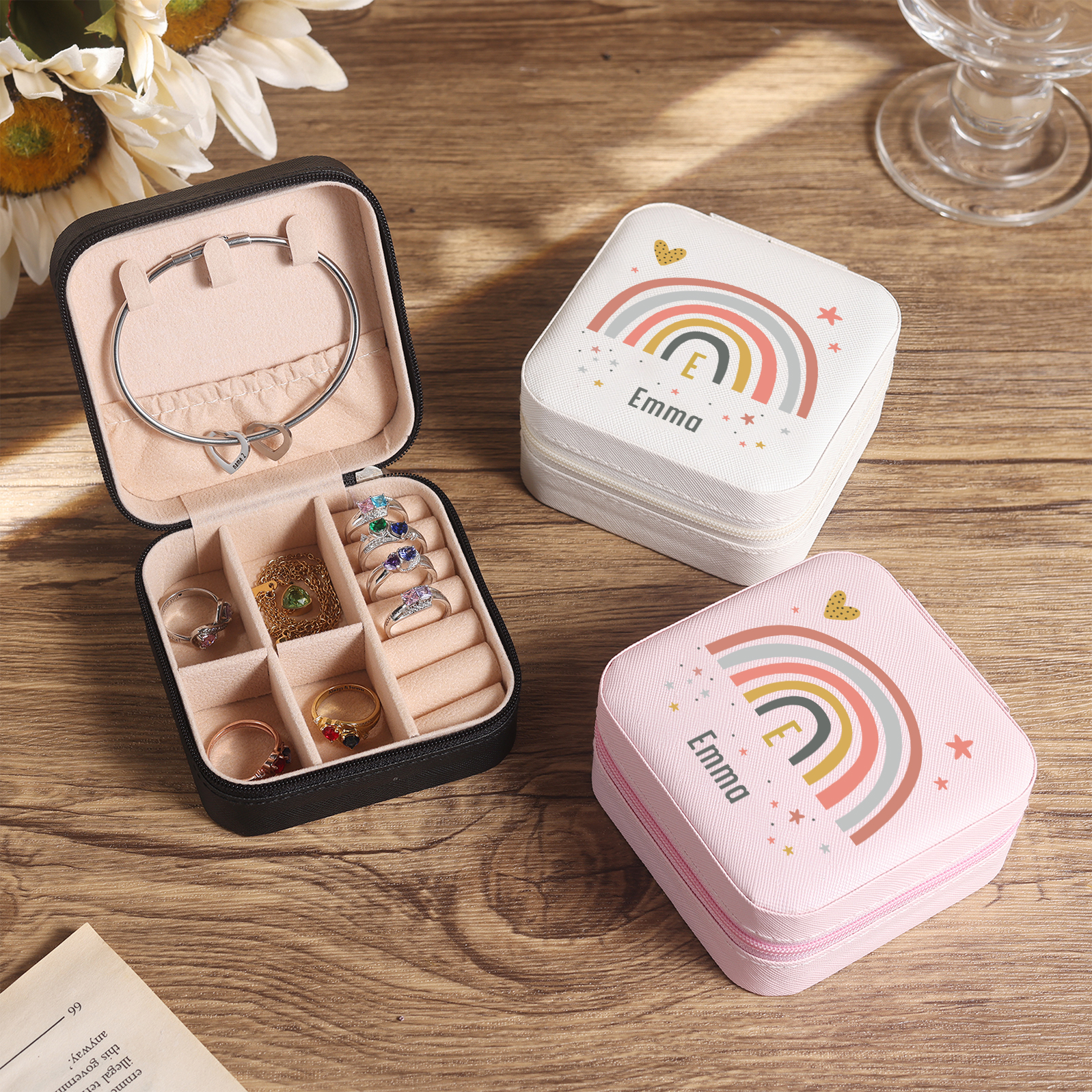Personalisierbarer Name Pu Leder Regenbogen Kinder Schulanfang Geschenk Schmuckaufbewahrung Schmuckzubehör Aufbewahrungsbox für Schmuck