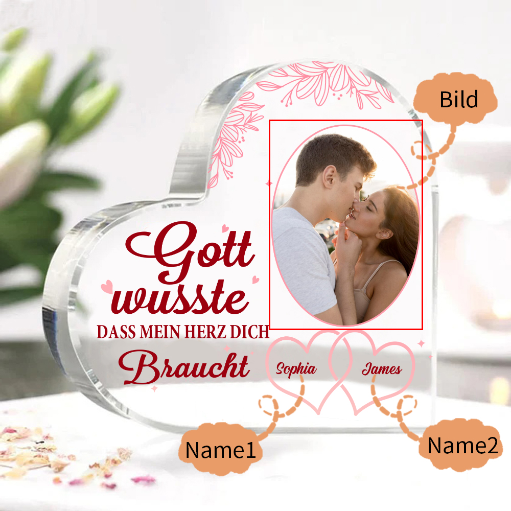 Personalisierte 2 Namen & Foto Acryl-Deko-Gott wusste, dass mein Herz dich braucht-Schreibtischdekoration für Paar
