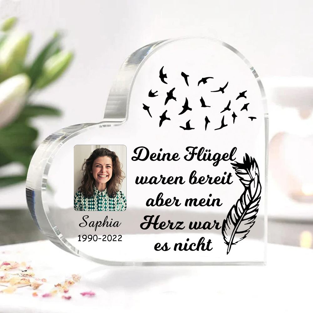 Personalisierter Name & Jahr & Foto Acryl-Deko-Deine Flügel waren bereit aber mein Herz war es nicht-Trauer Schreibtischdekoration