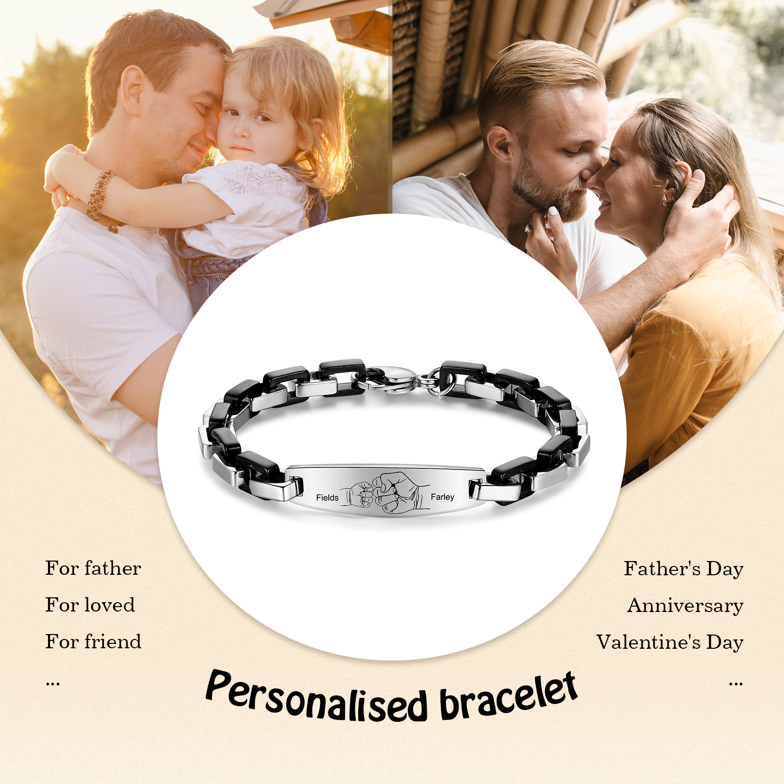 Herren Armband-Personalisiertes 2 Namen Faust Edelstahl Armband 