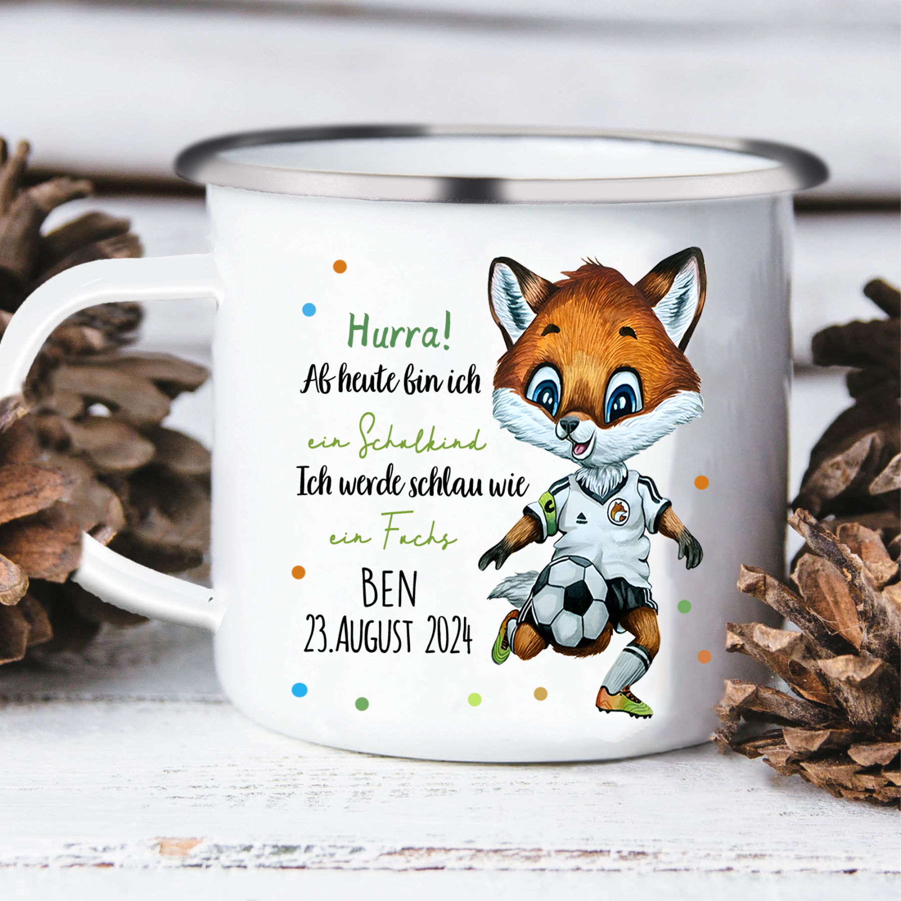 Schulanfang Geschenkset-Personalisierter Name & Datum Emaille Tasse & Personalisierte 2 Texte Stifteetui & Dino Armbänder Set - Geschenk für Schulkind mit Geschenk Box