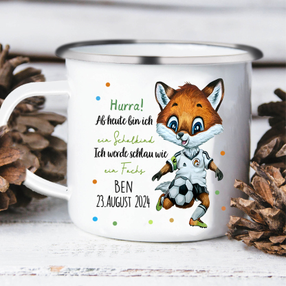 Schulanfang Geschenkset-Personalisierter Name & Datum Emaille Tasse & Personalisierte 2 Texte Stifteetui & Dino Armbänder Set - Geschenk für Schulkind mit Geschenk Box