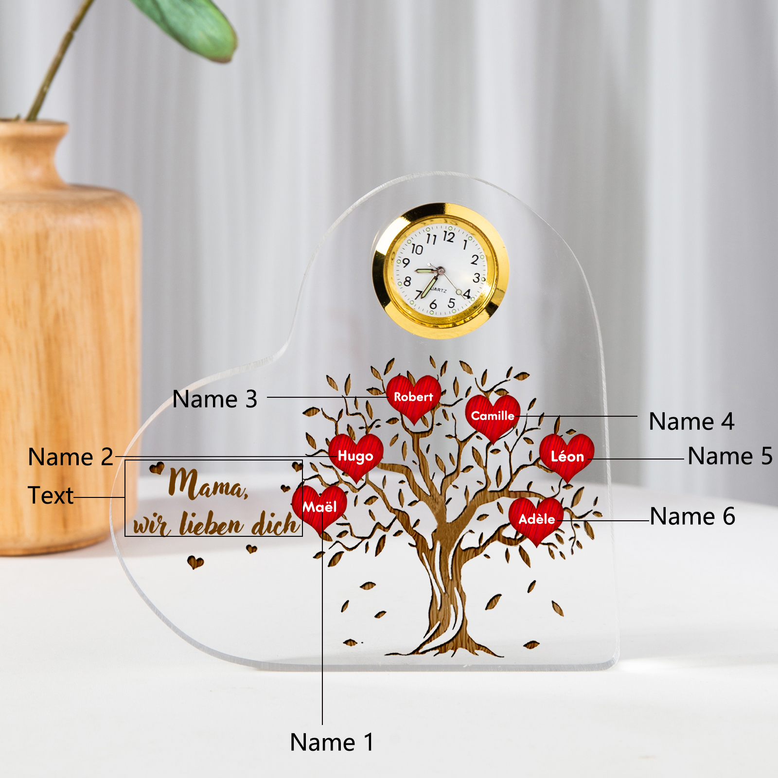 Acryl-Deko mit Uhr-Personalisierte 6 Namen & Text Familienbaum Schreibtischdekoration für Familie