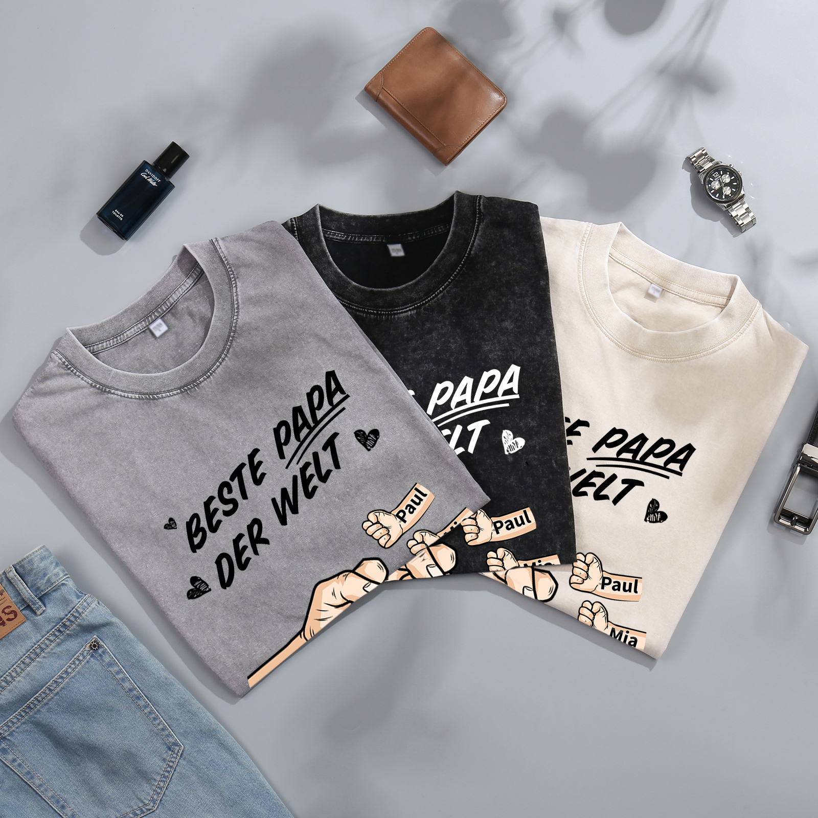 Personalisierte 1-6 Namen Fauststoß Bester Papa der Welt Herren Familie T-Shirt