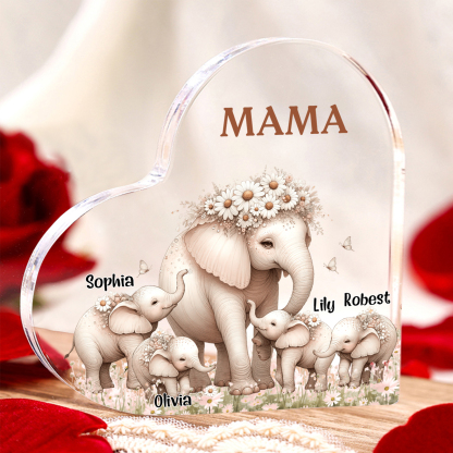 Personalisierte 4 Namen Herz Acryl-Deko Mama Elefant Schreibtischdekoration für Mutter