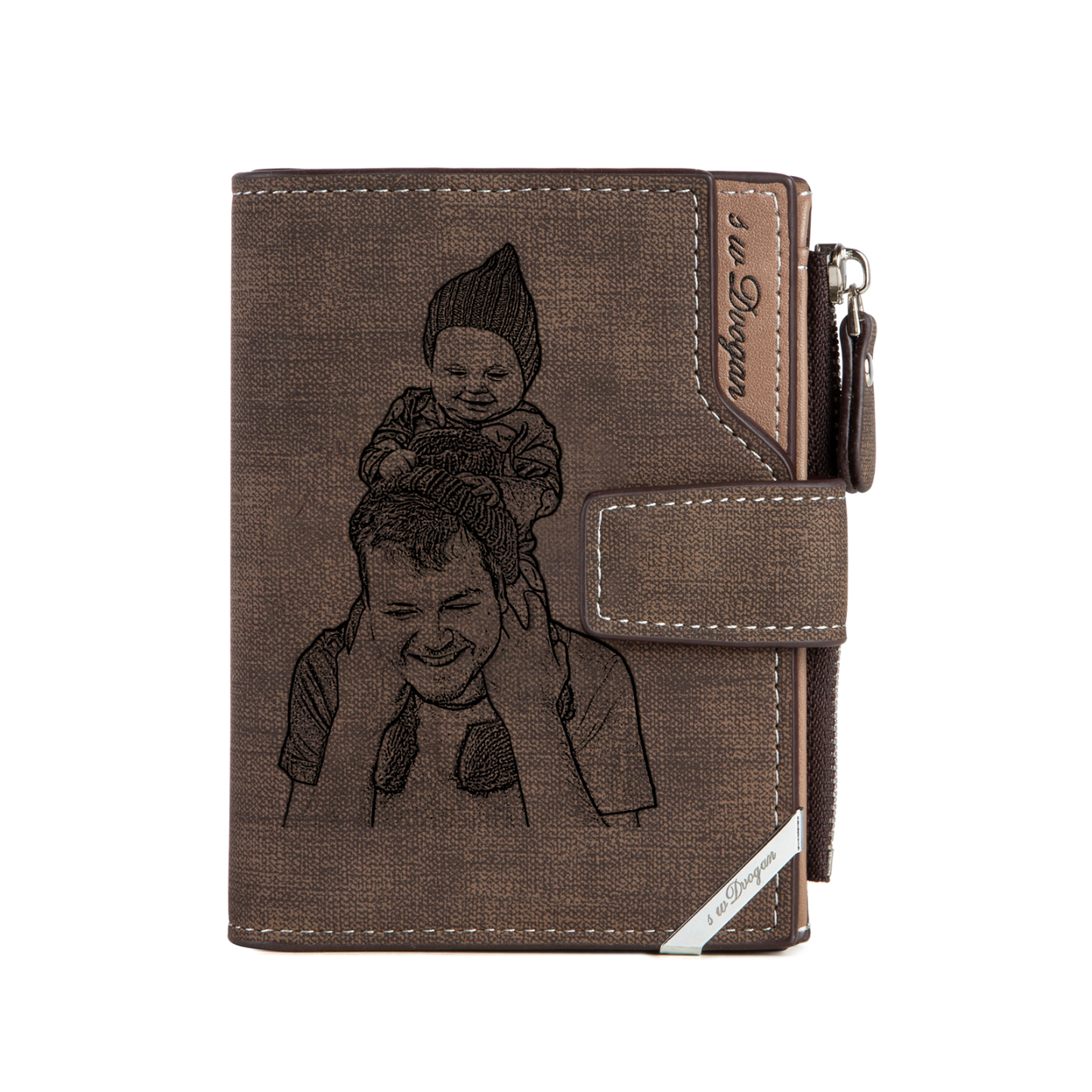 Herren Personalisierte Foto & Name & 2 Buchstaben PU Leder Braun Geldbörse mit Reißverschluss