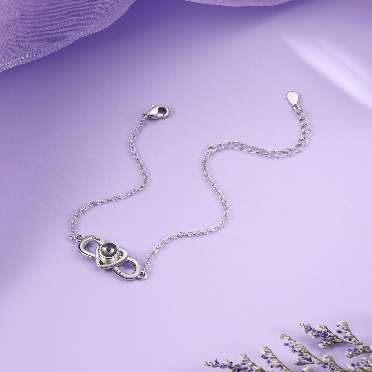 Personalisiertes Foto & 2 Namen Projektion Infinity Herz Armband