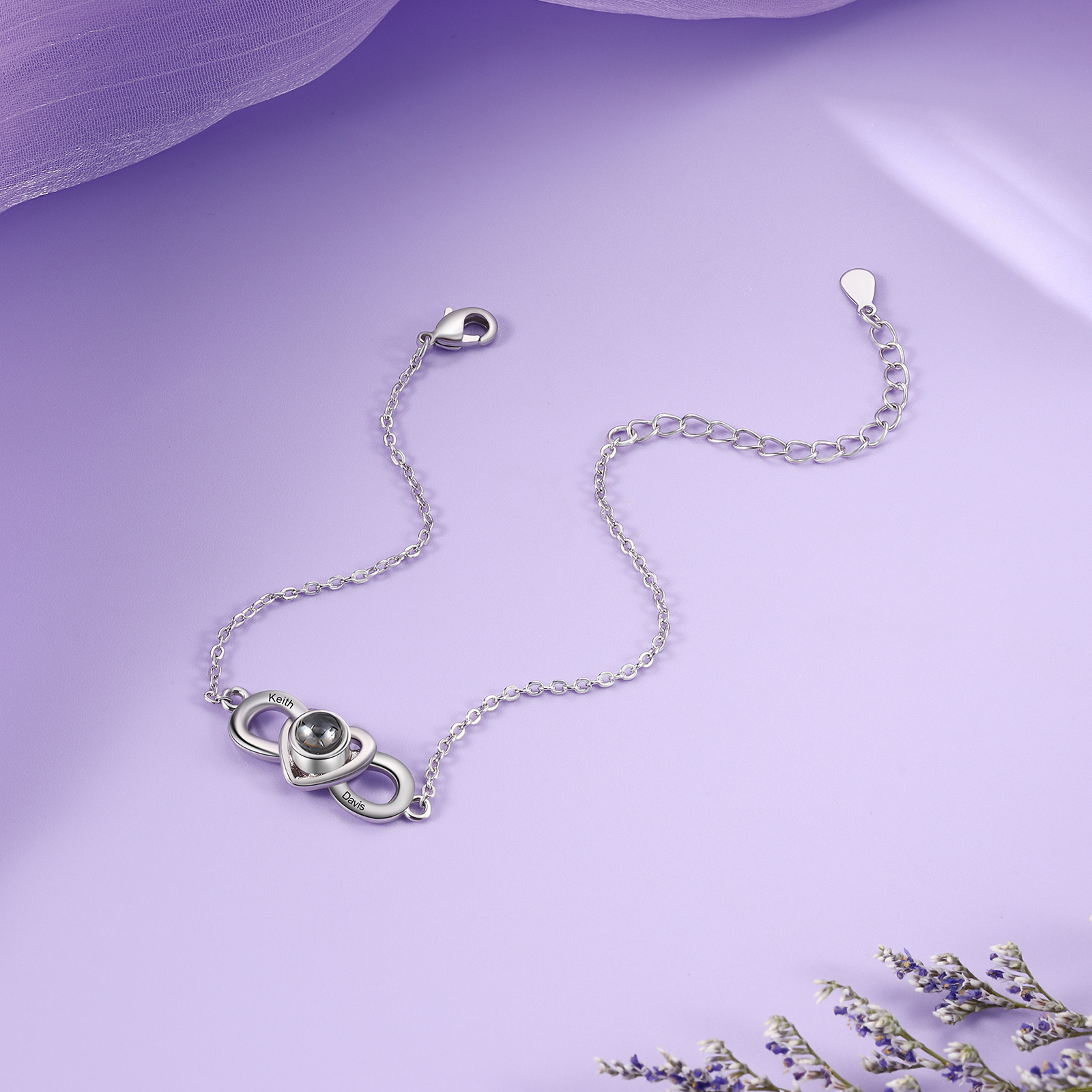 Personalisiertes Foto & 2 Namen Projektion Infinity Herz Armband