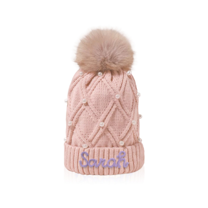 Personalisierte Weihnachten Perlen-Strickmütze Pompons mit Fellbommel für Damen