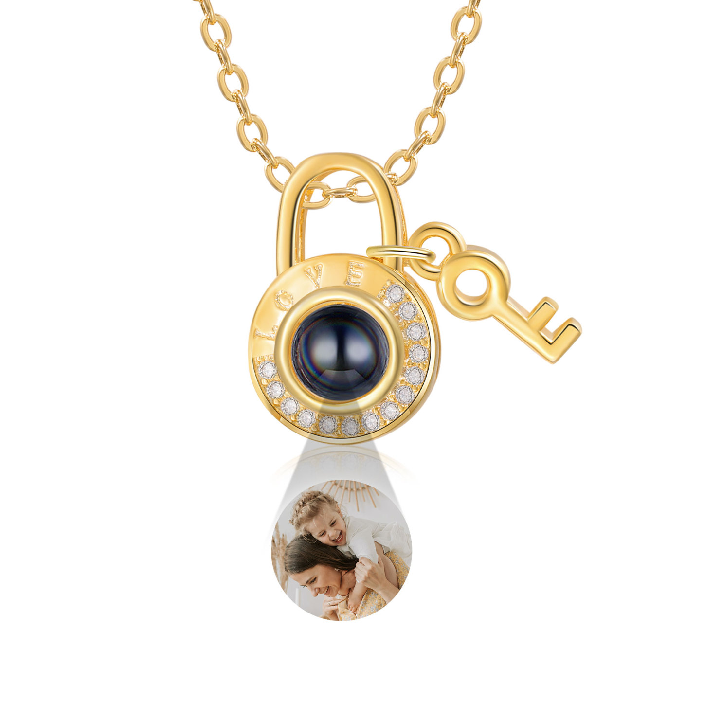 Personalisiertes Foto ”LOVE” Schloss & Schlüssel Projektion Golden Halskette