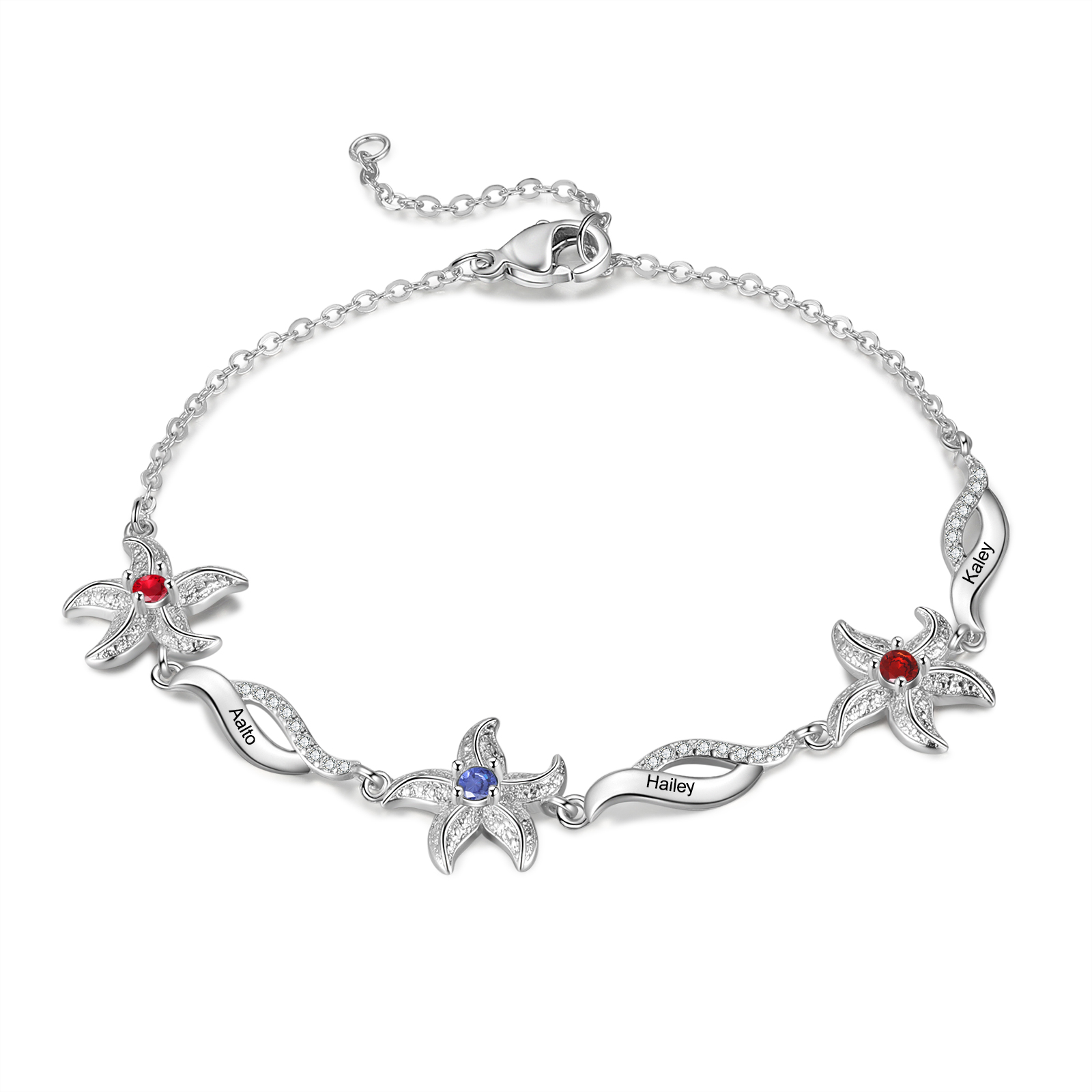 Personalisierte 3 Namen & Geburtssteine Seestern Armband mit Zirkonia