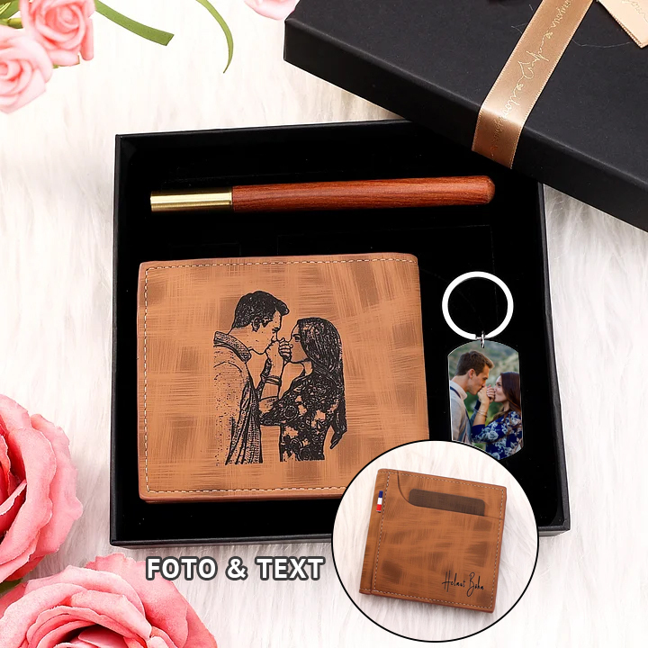Personalisierte Foto & Text Geldbörse & Foto & Foto & 1 Name Schlüsselanhänger & Stift Geschenkpackung Geschenkset für Mann Freund