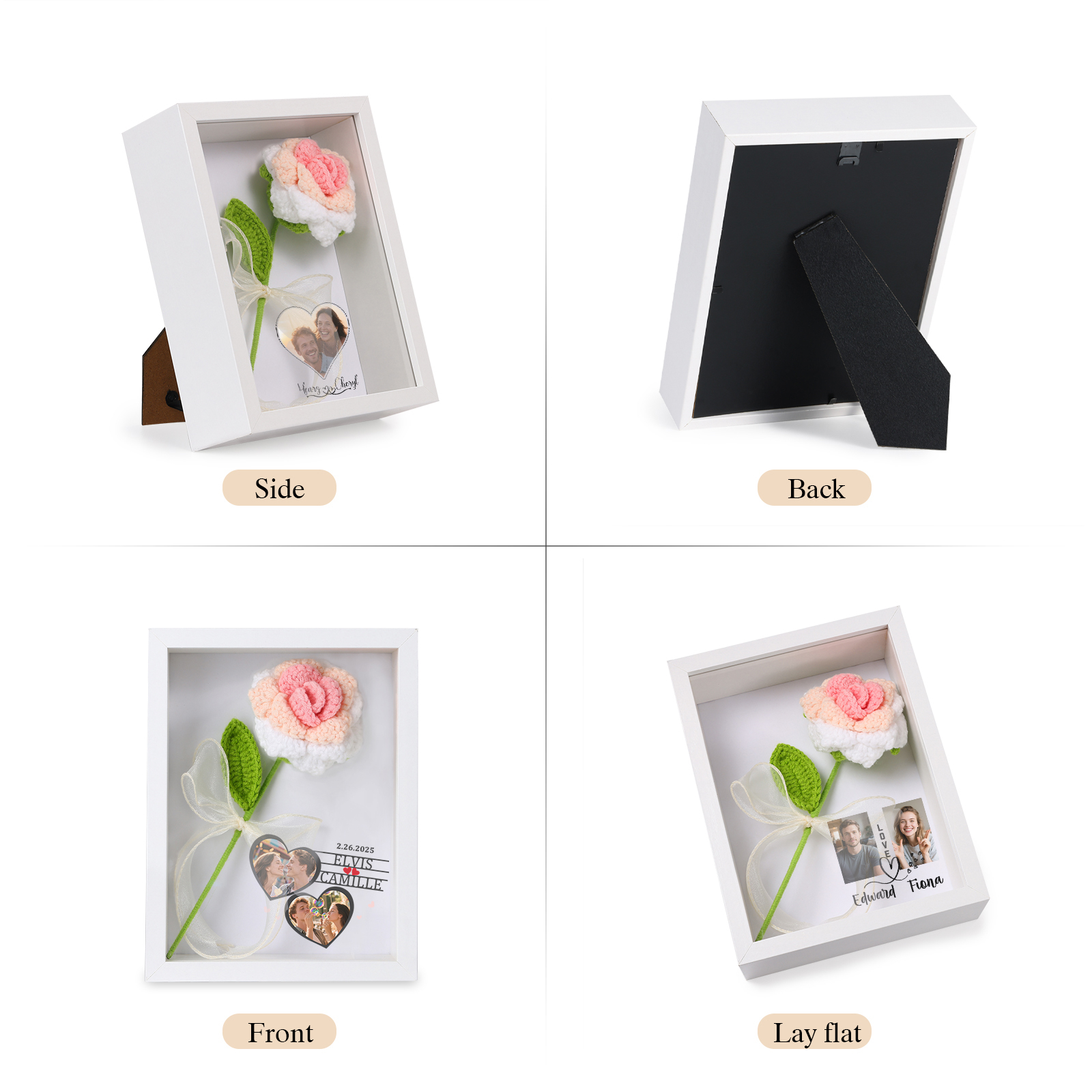 Personalisierter 3D-Rahmen mit Häkelrose für Paare