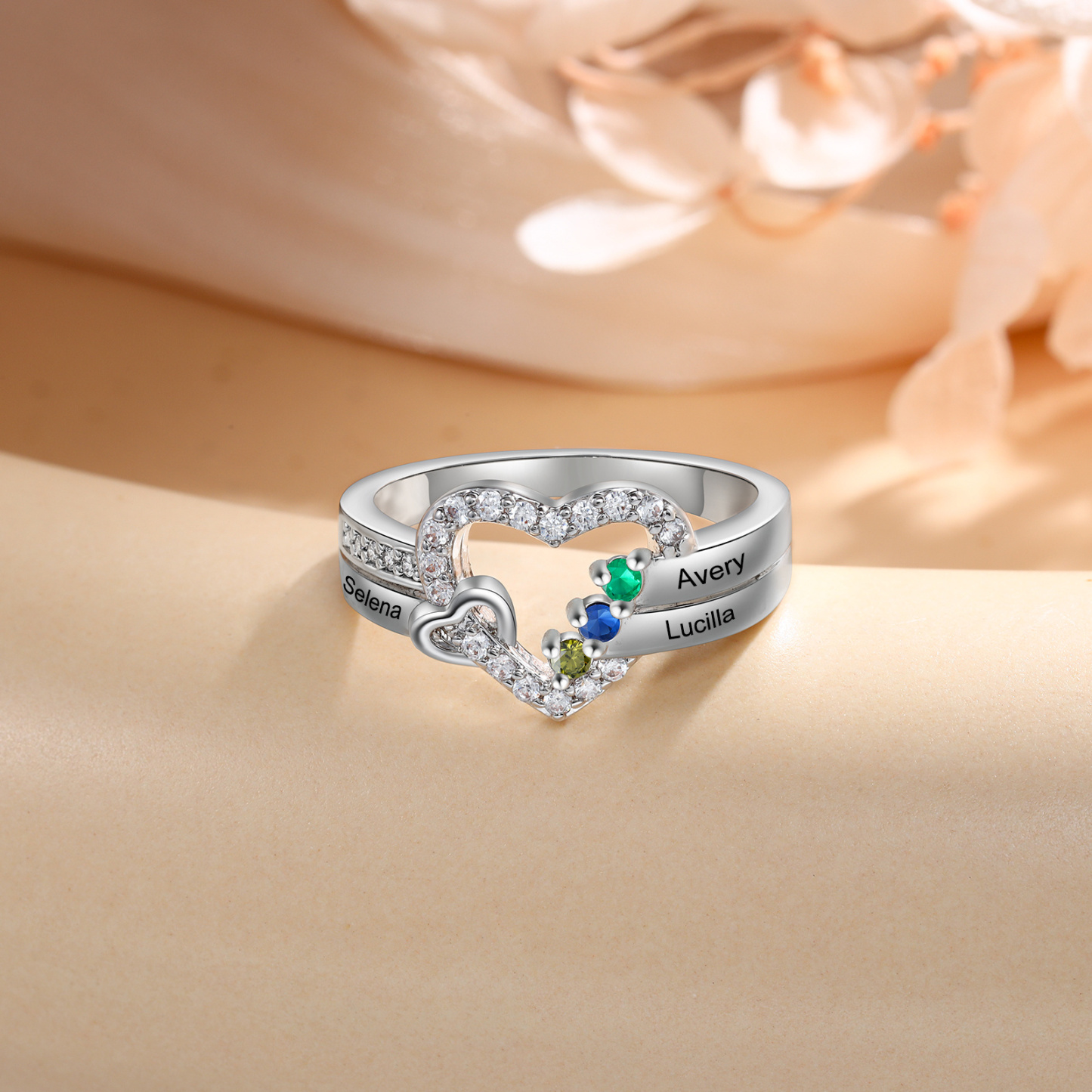 Personaliesierter Doppelherz-Ring mit 2-4 Geburtssteinen & 2-4 Namensgravur