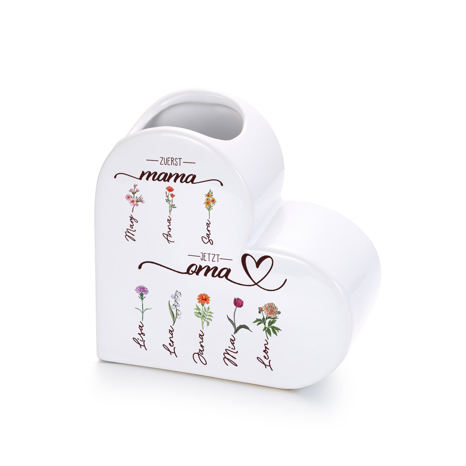 Personalisierte Keramikvase in Herzform Erst Mama, jetzt Oma personalisiert mit 2–10 Geburtsblumen und Namen