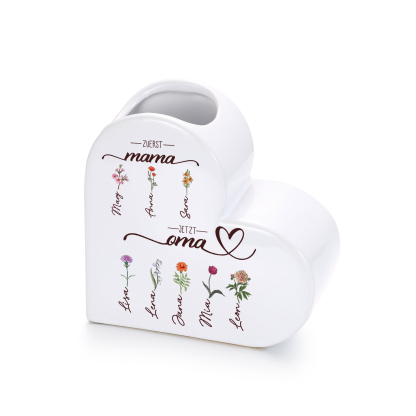 Personalisierte Keramikvase in Herzform Erst Mama, jetzt Oma personalisiert mit 2–10 Geburtsblumen und Namen
