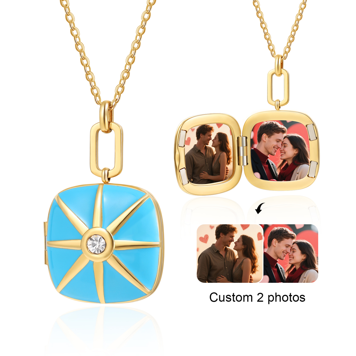 Personalisierte Medaillon-Halskette mit 2-Foto, Gravur-Wunschtext für Familie