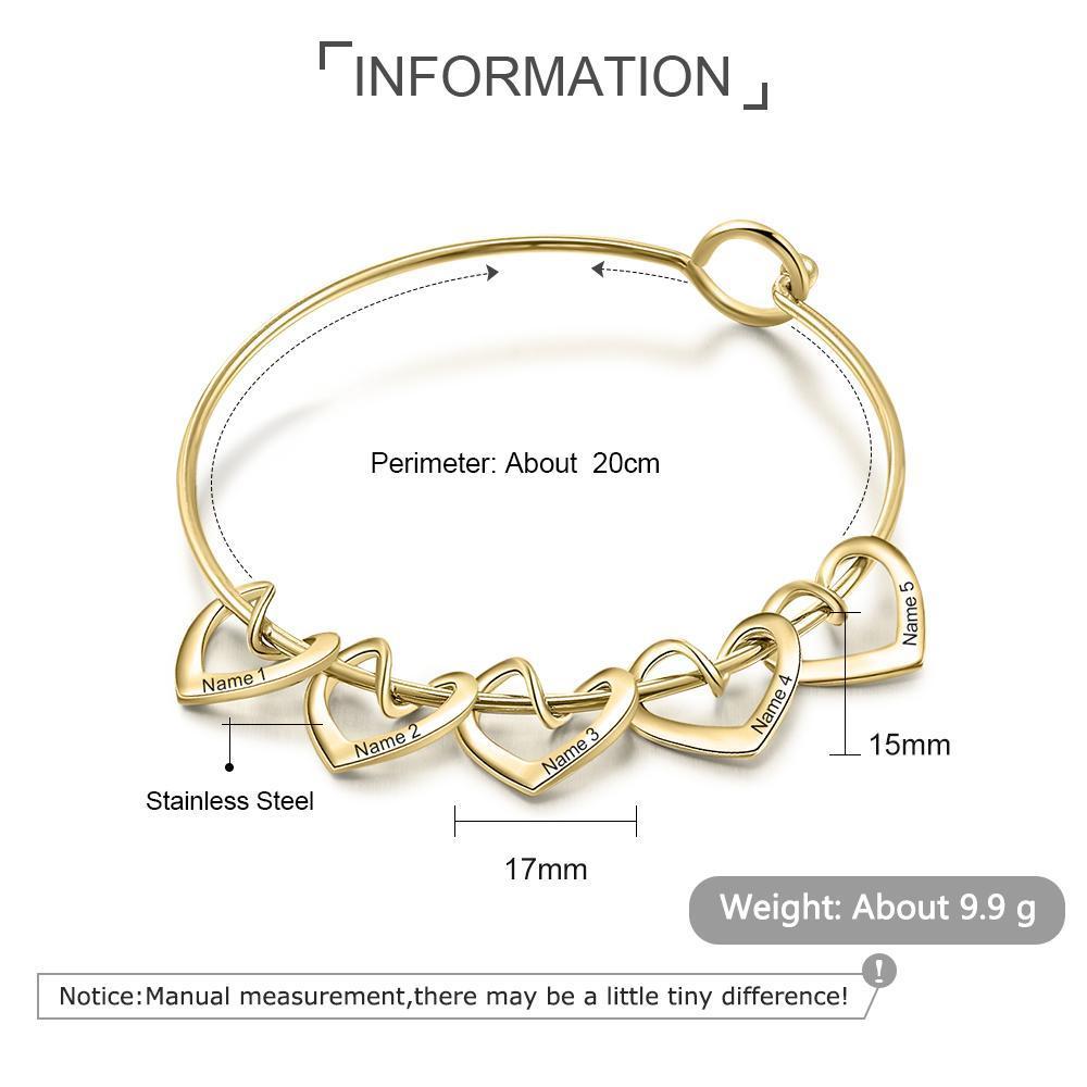 Gravur 5 Namen Herz Armband Armreif mit Herzanhängern