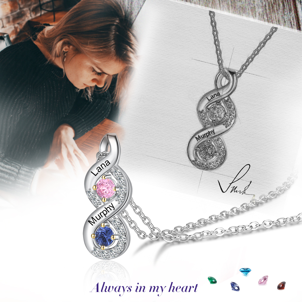S925 Silber Gravur 2 Namen Infinity Halskette mit 2 Geburtssteinen