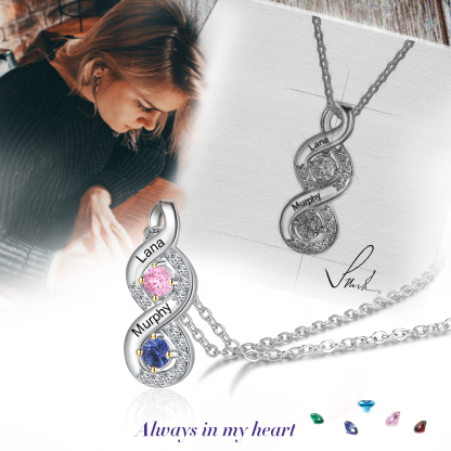 S925 Silber Gravur 2 Namen Infinity Halskette mit 2 Geburtssteinen