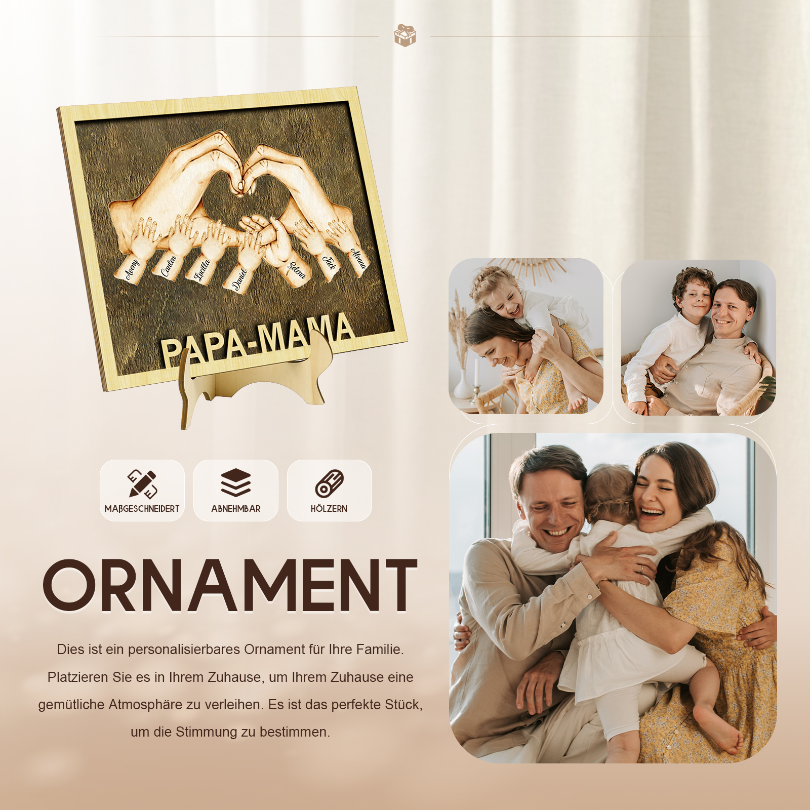 PAPA-MAMA Holz Deko-Personalisierbare 7 Namen Ornament Familie Hand in Hand Holzdekoration für Eltern