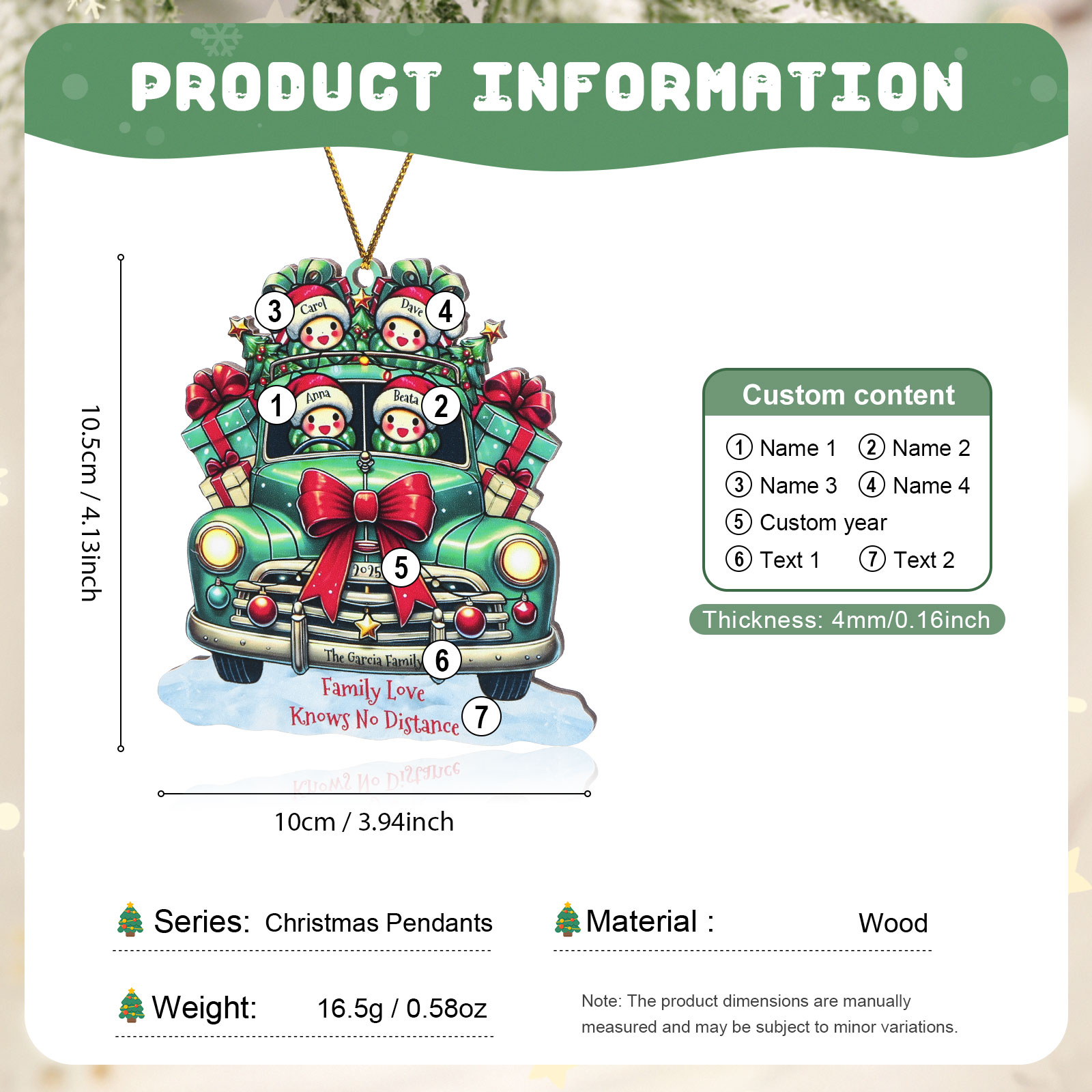 Personalisierter Weihnachtsbaumschmuck Schneemannfamilie im Retro-Auto mit Geschenken