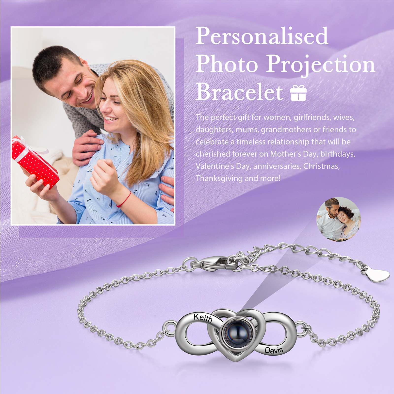 Personalisiertes Foto & 2 Namen Projektion Infinity Herz Armband