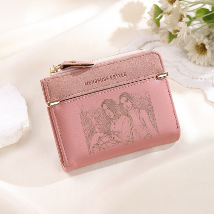 Damen Personalisierter Text & Foto PU Leder Rosa Geldbörse Elegant Portemonnaie mit Reißverschluss