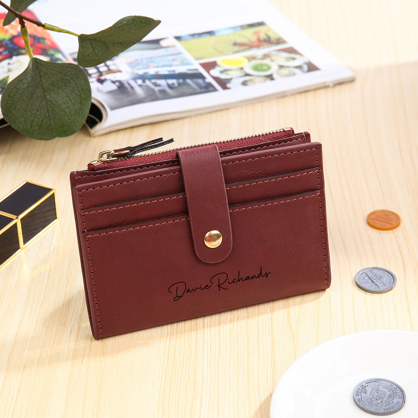 Damen Personalisierter Text & Name & Geburtsblume PU Leder Geldbörse