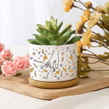 Personalisierbarere 3 Namen Bunte Blume Hand in Hand Blumentopf