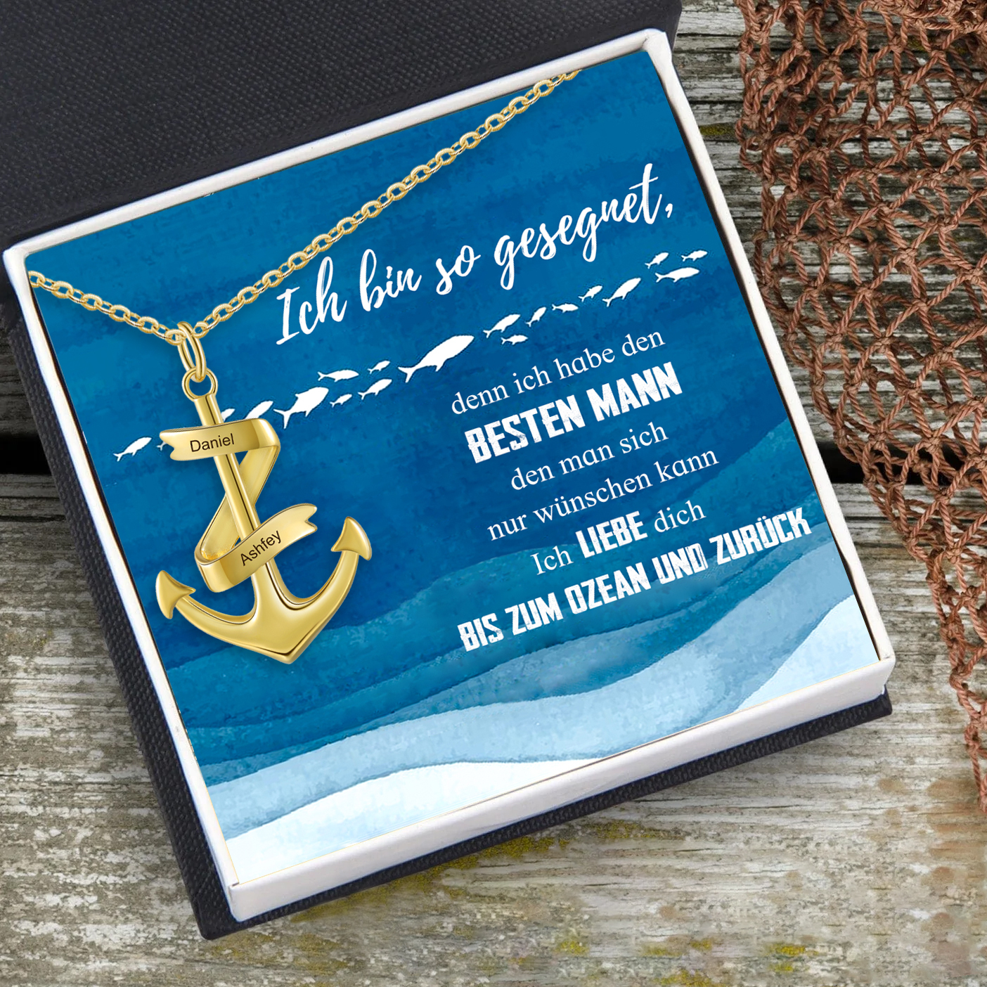 925 Sterling Silber Personalisierte 2 Namen Anker Halskette-Geschenk mit Meer Nachrichtenkarte