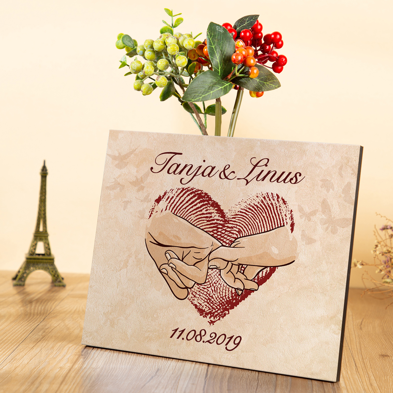 Pärchen Holzbild-Personalisierter Text & Datum Holzdekoration-für Paare