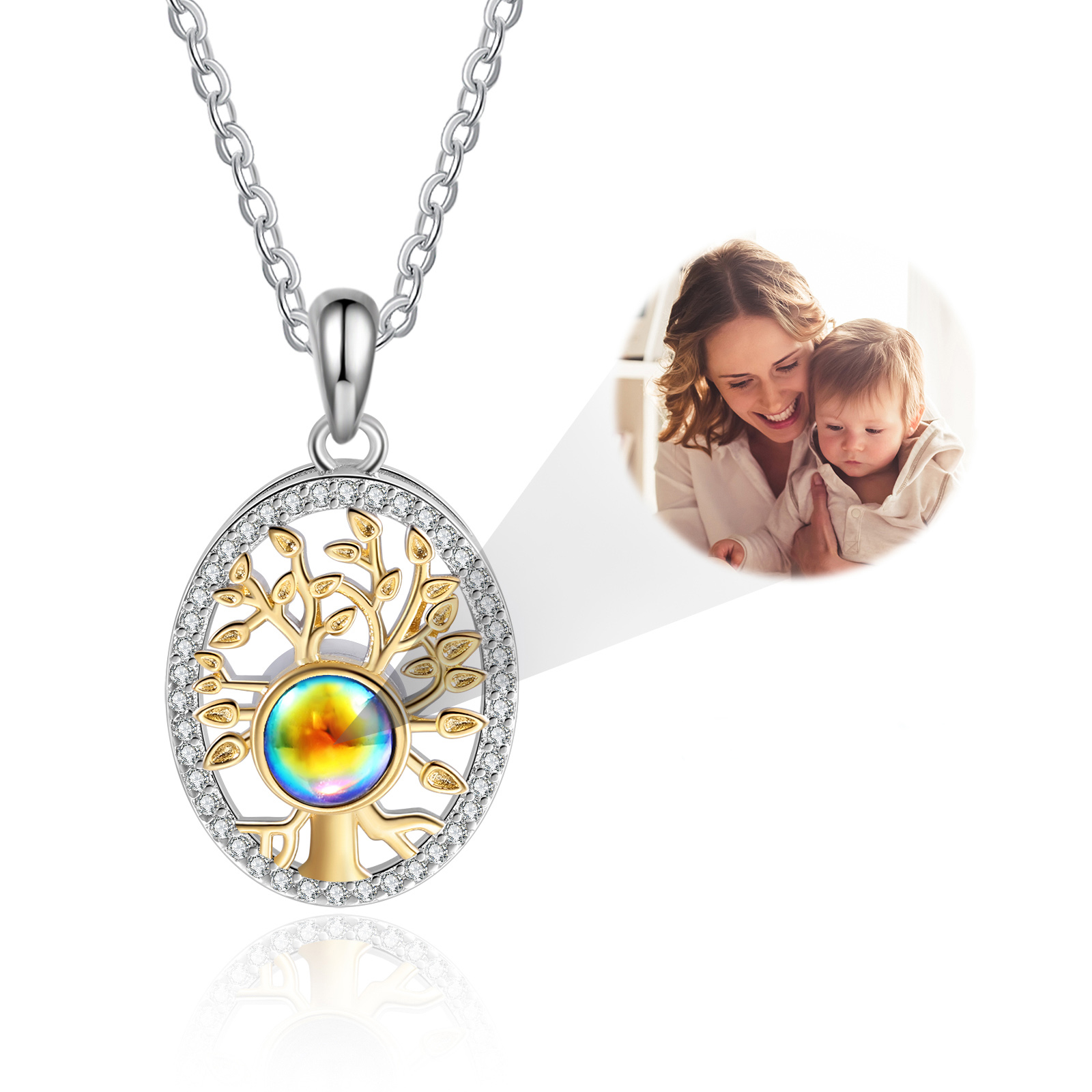 Personalisiertes Foto Lebensbaum Projektion Halskette mit Zirkonia