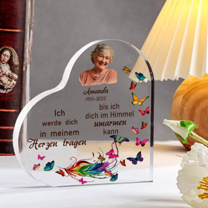 Personalisierter Name & Jahr & Foto Acryl-Deko-Ich werde dich in meinem Herzen tragen-Trauer Schreibtischdekoration