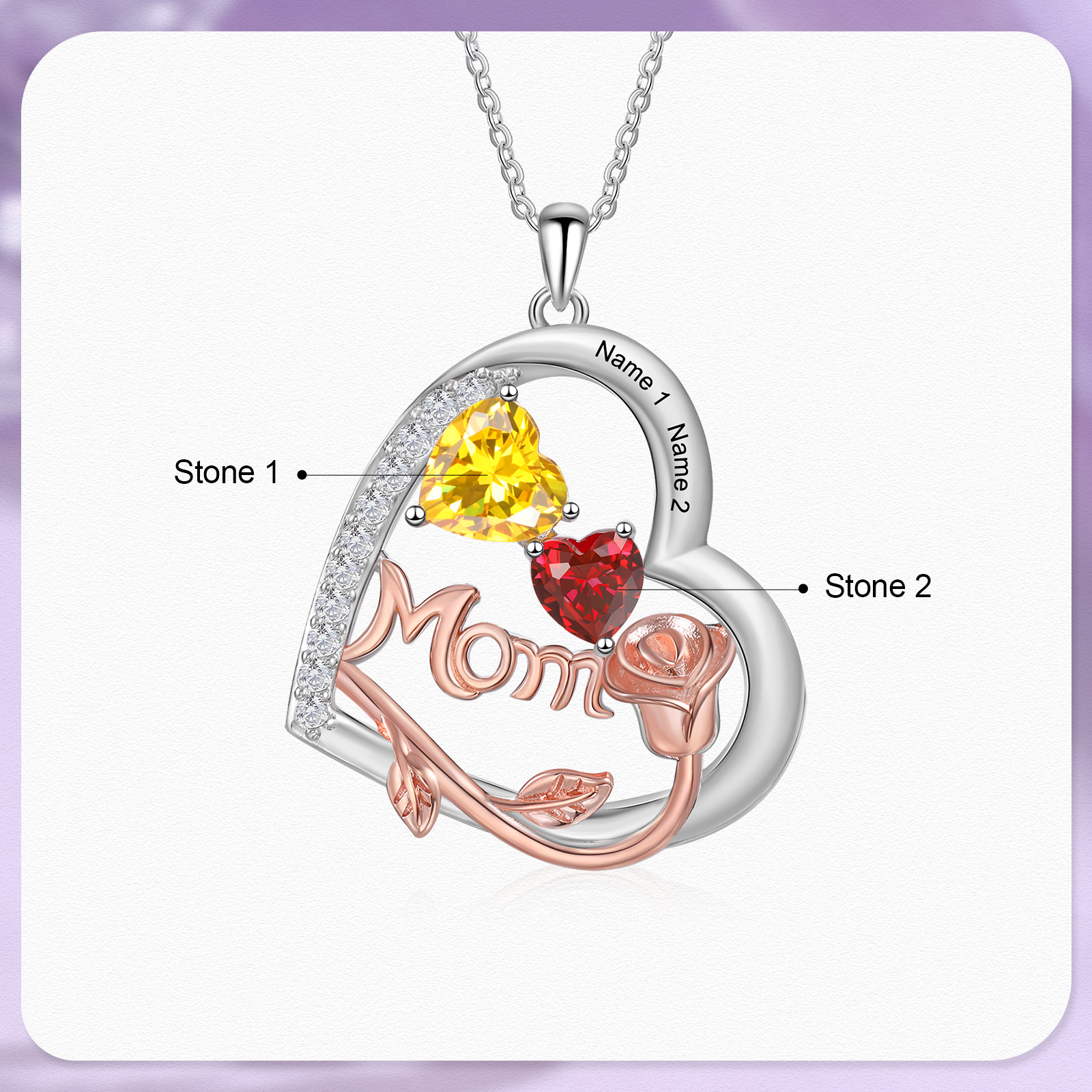 Personalisierte 2 Namen Herz Rose Gravur "MOM" Halskette mit 2 Geburtssteinen