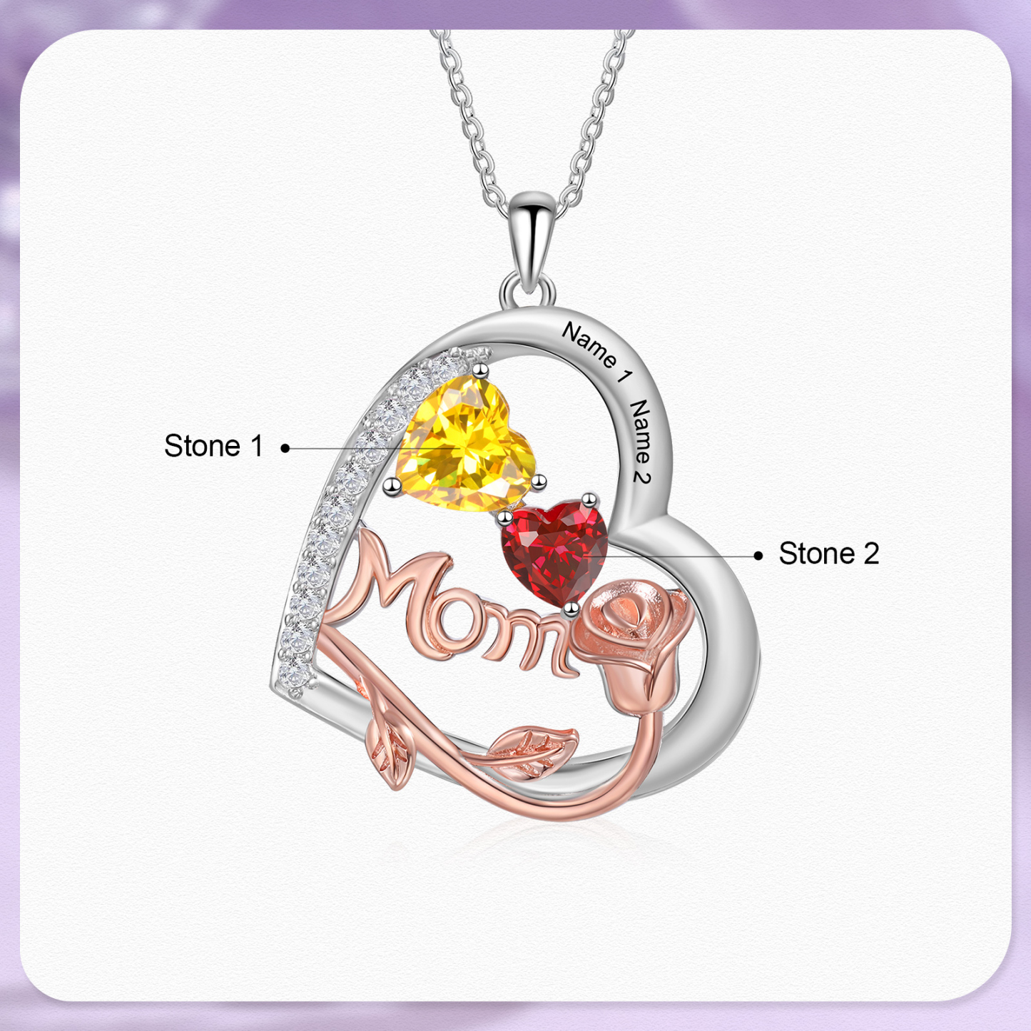Personalisierte 2 Namen Herz Rose Gravur "MOM" Halskette mit 2 Geburtssteinen