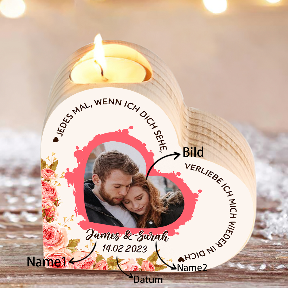 Herzform Kerzenhalter-Personalisierte 2 Name & Datum & Foto -Jedes mal, wenn ich dich sehe, verliebe ich mich wieder in dich- Kerzenständer für Paare