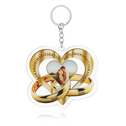Personalisierbare 2 Namen & Text & Foto Herz Ringe Acryl Paar-Schlüsselanhänger
