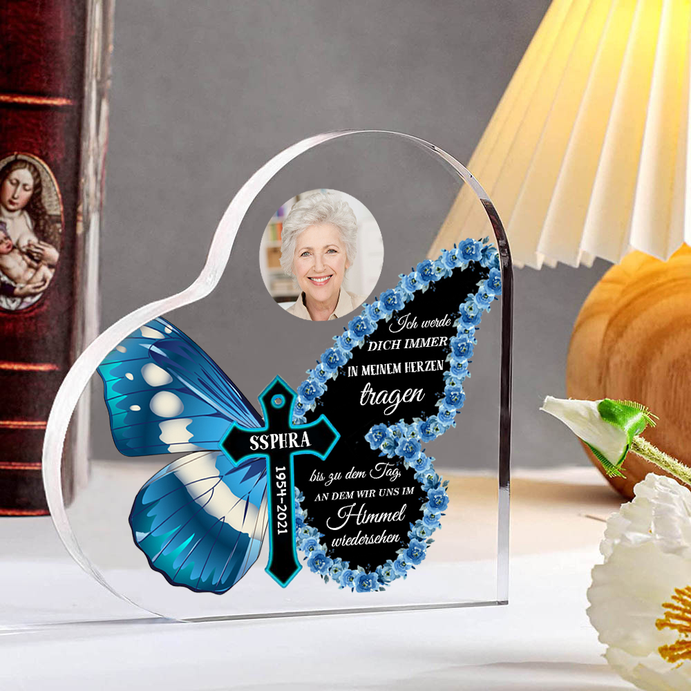 Personalisiertes Foto & Name & Jahr Acryl-Deko-Ich werde dich immer im Herzen tragen-Trauer Schreibtischdekoration