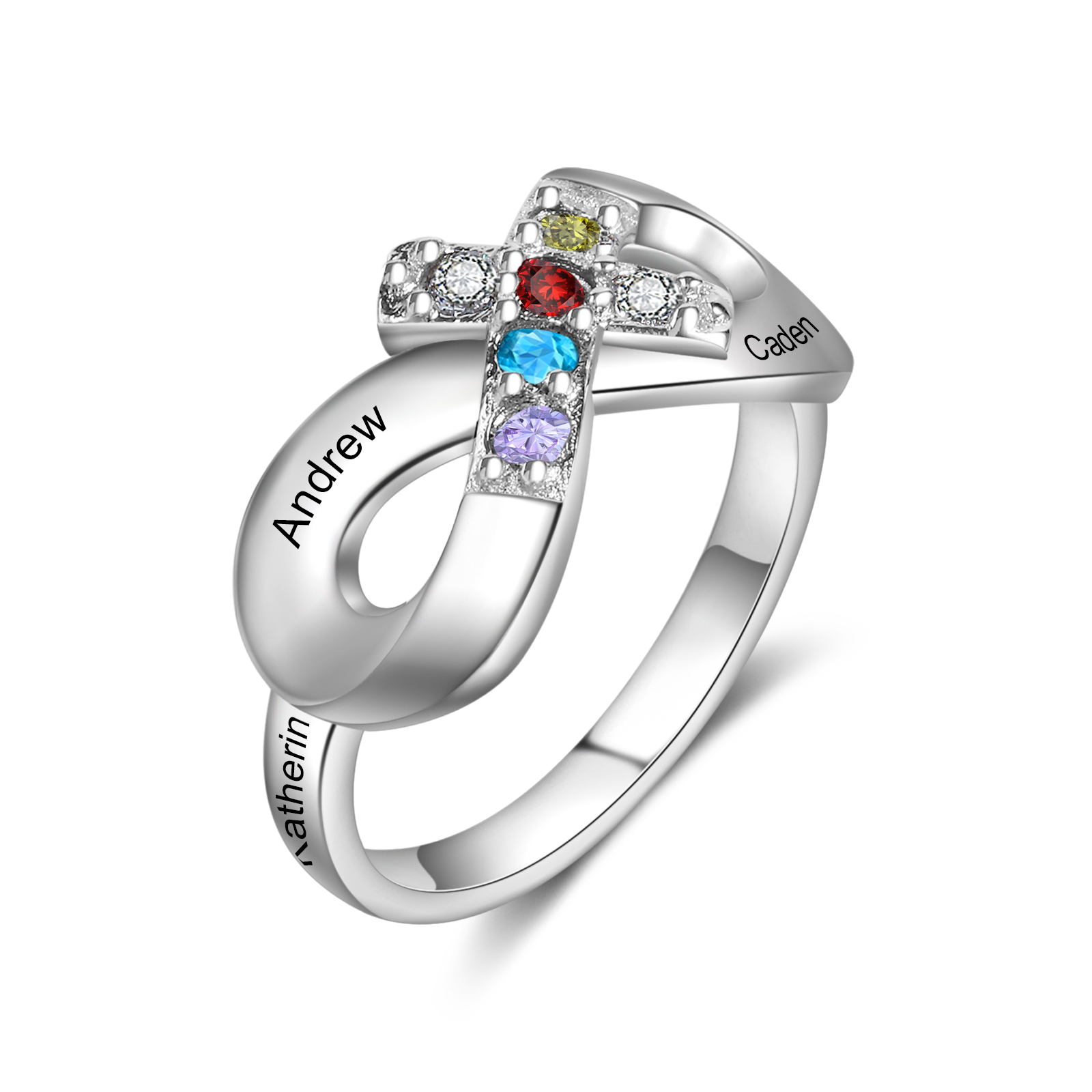 Personalisierbare 4 Namen Kreuz Ring mit 4 Geburtssteinen