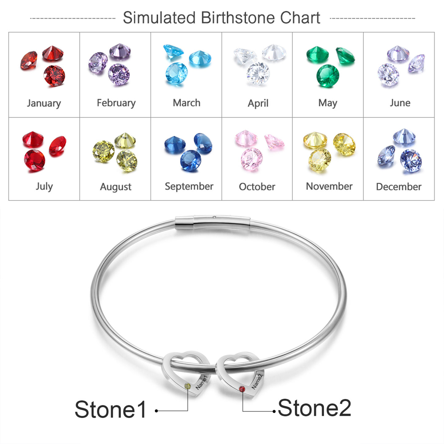 Personalisierter 2 Namen & 2 Geburtssteinen Silbernes Herz-Anhänger-Armband & Herz Halskette Geschenkset