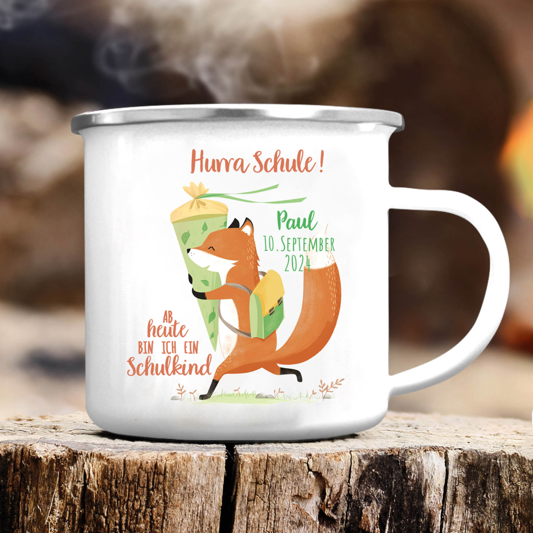 Emaille Tasse-Personalisierter Name & Datum & Foto Becher - Hurra Schule! Ab heute bin ich ein Schulkind - Geschenk zum Schulanfang