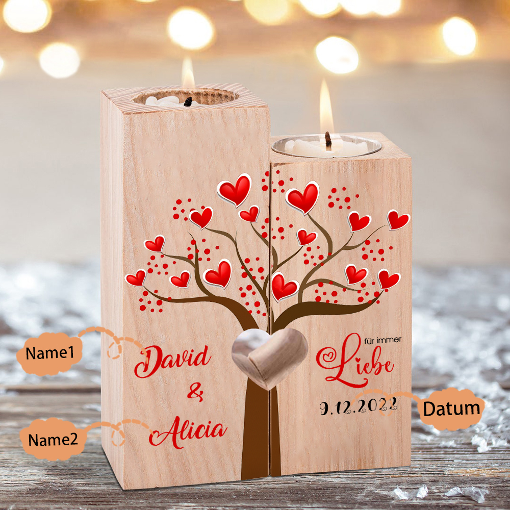 Personalisierte 2 Namen & Datum Kerzenhalter -Für immer Liebe- Hölzerne Kerzenständer Hochzeitstag Valentinstag Geschenke